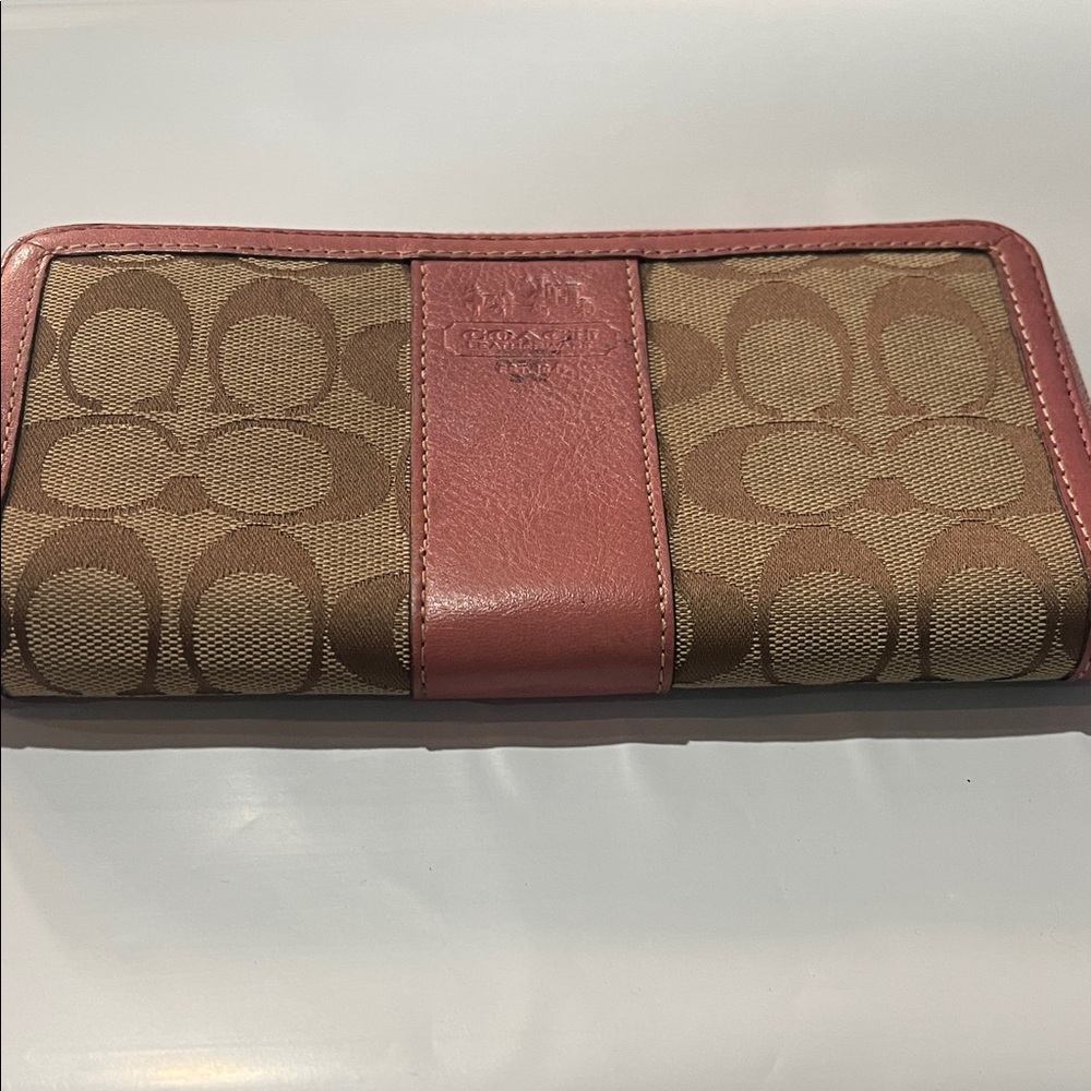 Coach Signature Canvas Wallet in Tan and Pink